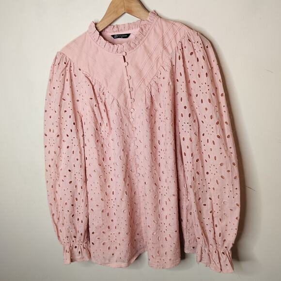 Pretty Garden Eyelet Embroidered Shirt Balloon Sleeve Blouse - Picture 4 of 9